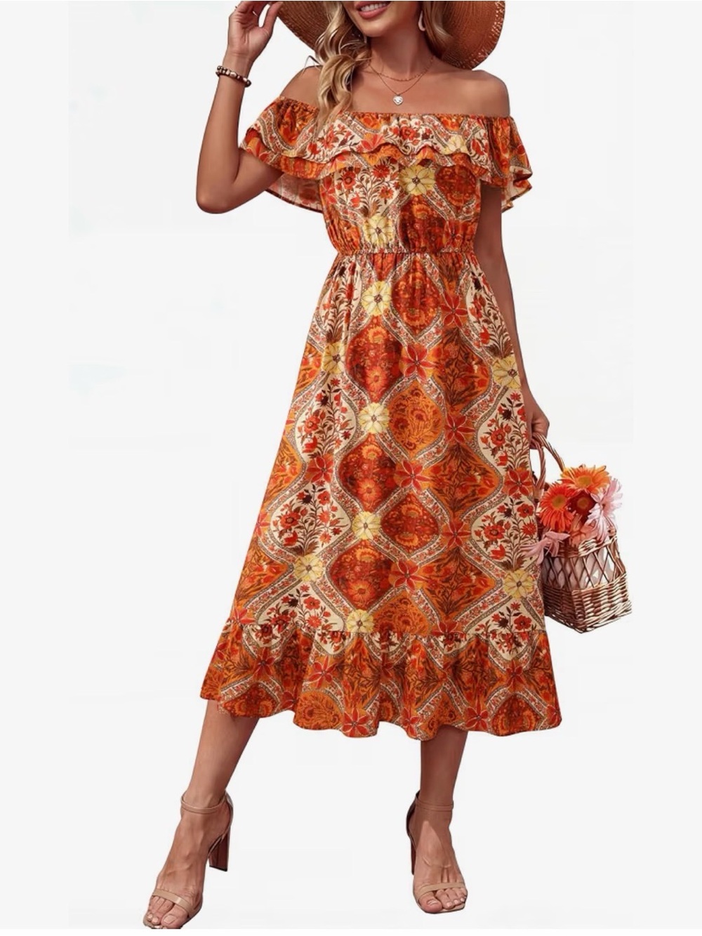 A594 Lotusmile One-Shoulder BOHO Ruffle Orange floral Midi MEDIUM Dress NWT